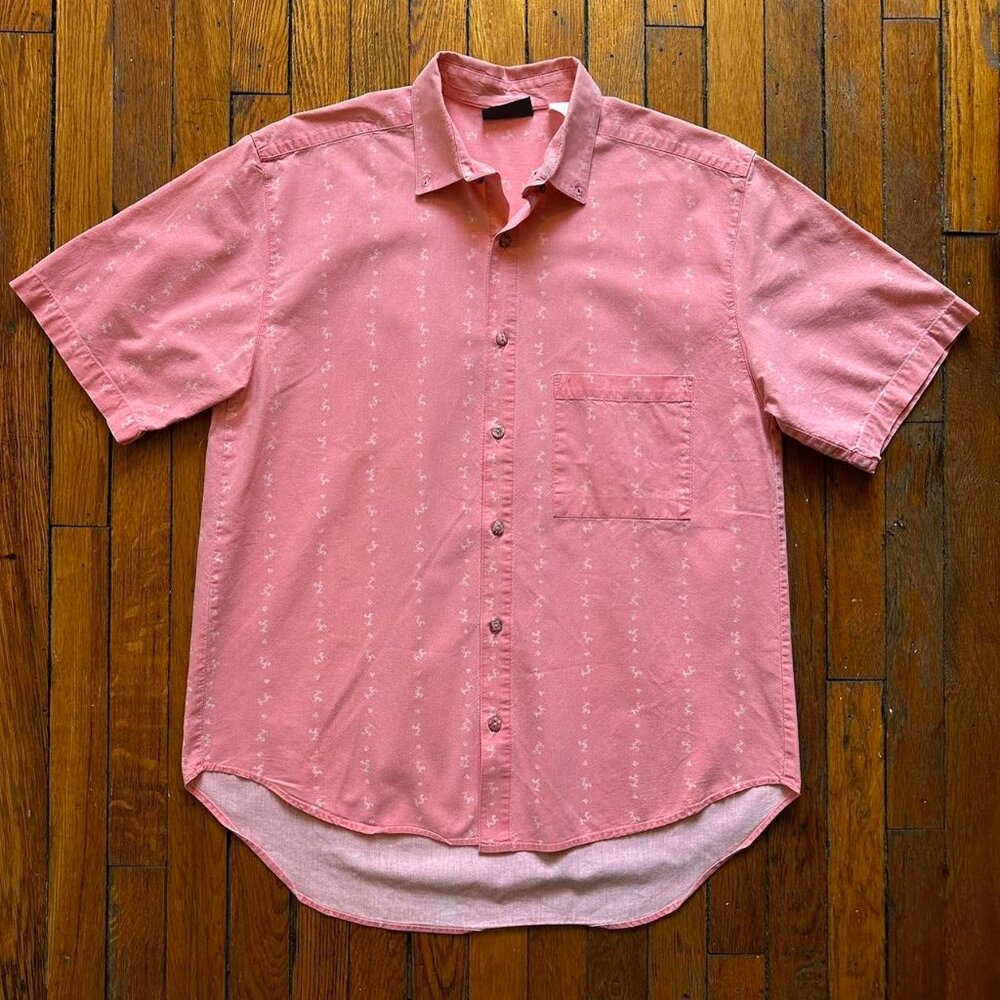 VTG 80s O'Neill Surfer Camp All Over Print Shirt Hawaiian Men Large Pink White.